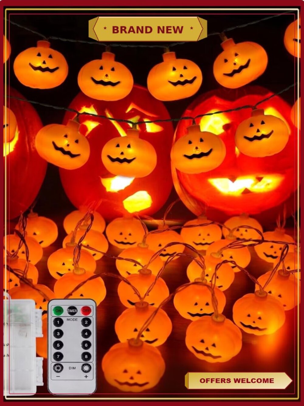 Halloween Pumpkin String Lights 40 LED 20ft 8 Modes Indoor Outdoor Decor